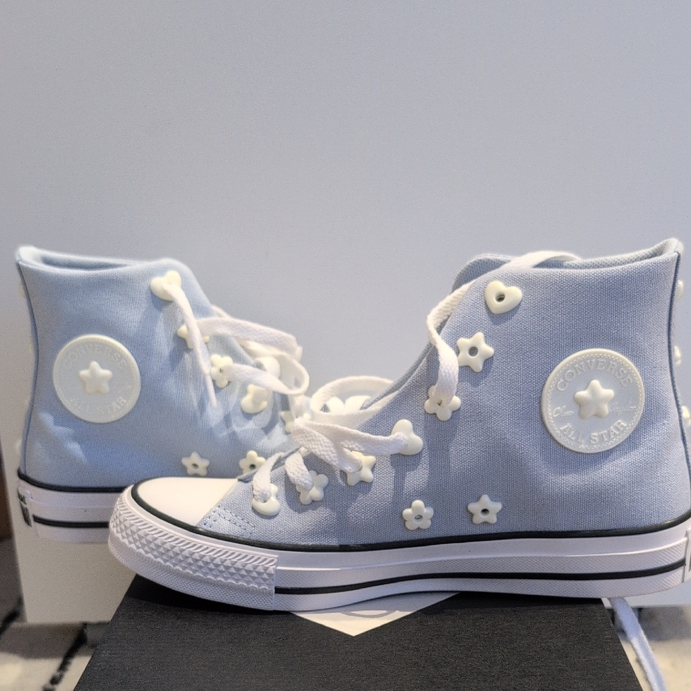 Converse Light Blue High-Tops with White Floral Details